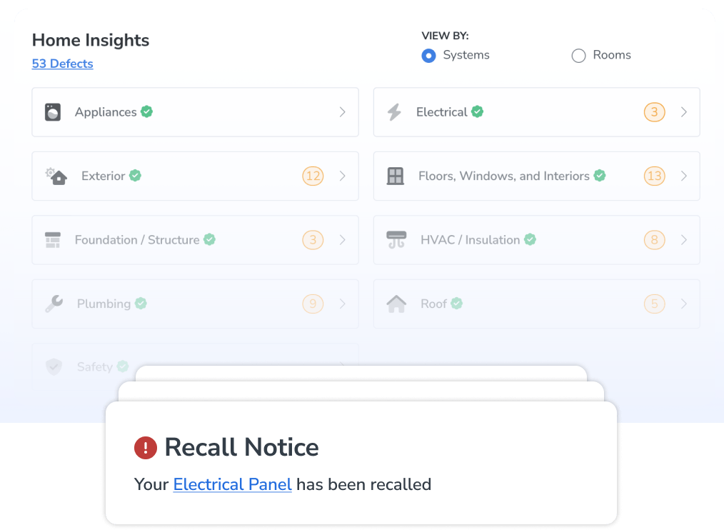 Screenshot of the HomeCloud app showing home insights and notifications about a recall