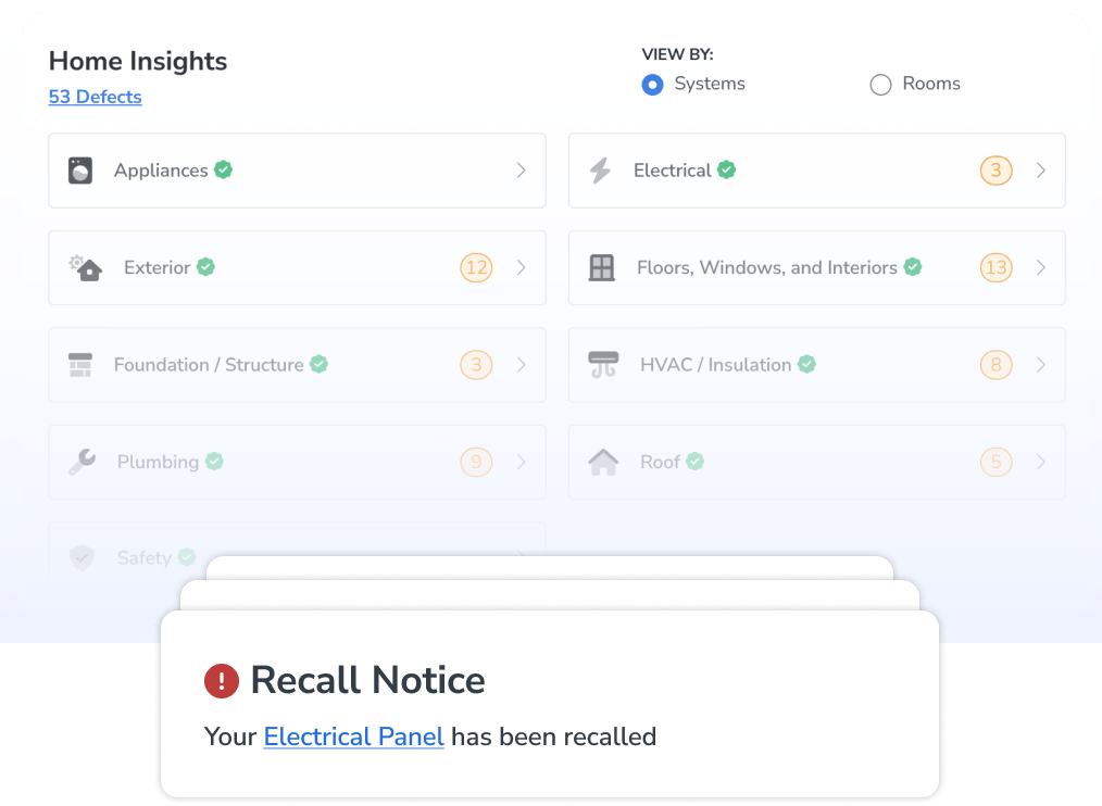 Screenshot of the MyHomeCloud portal showing home insights and notifications about a recall