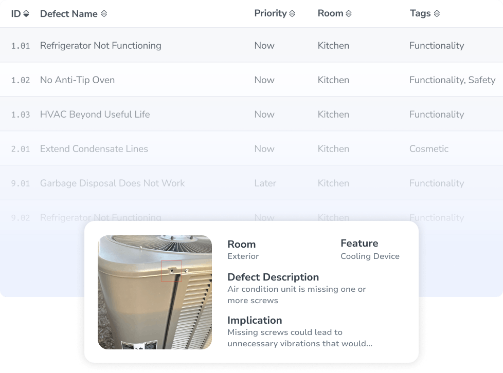 Screenshot of the HomeCloud app showing a list of defects and the details of one of them