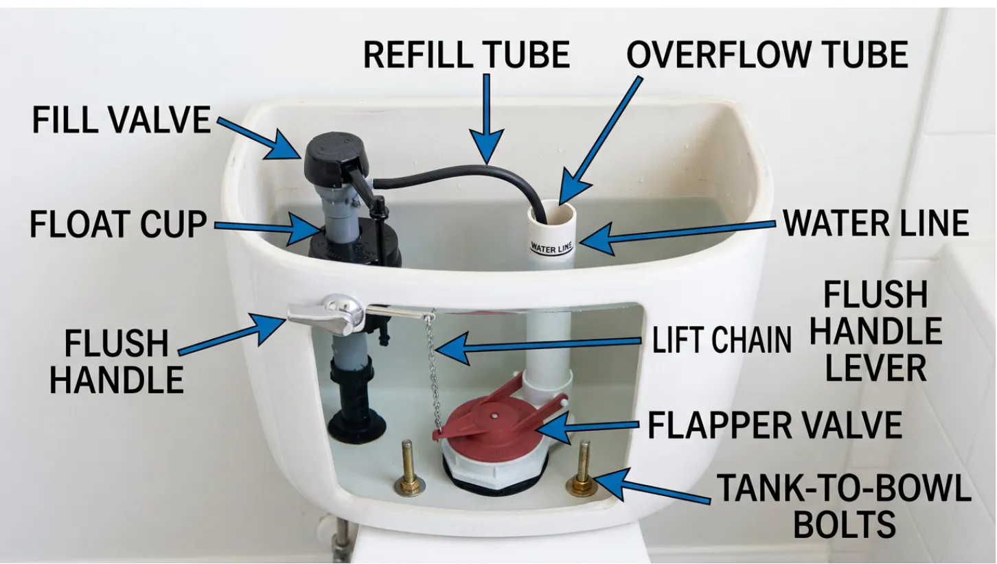 The inside of a toilet tank, lid removed