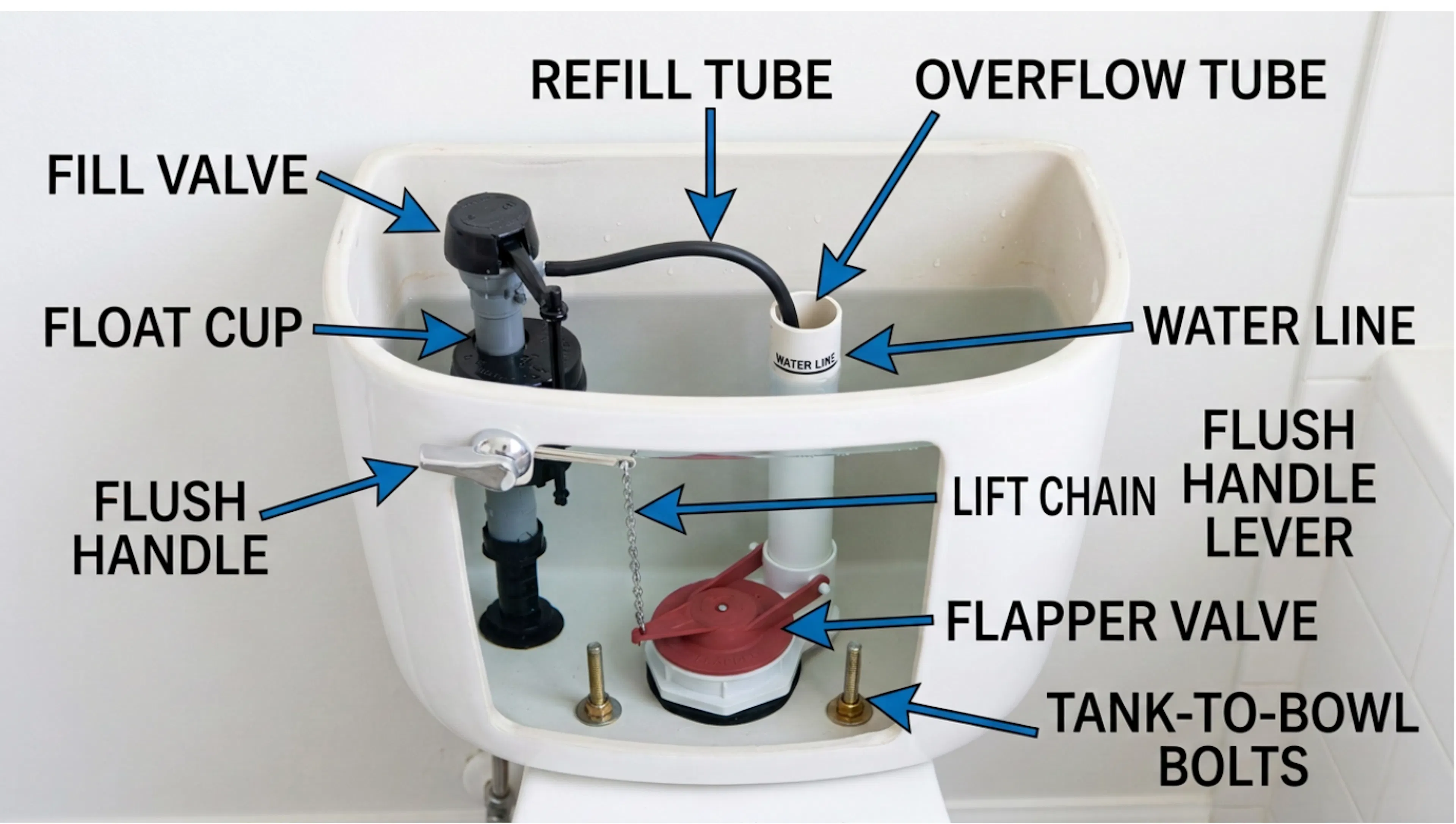 The inside of a toilet tank, lid removed