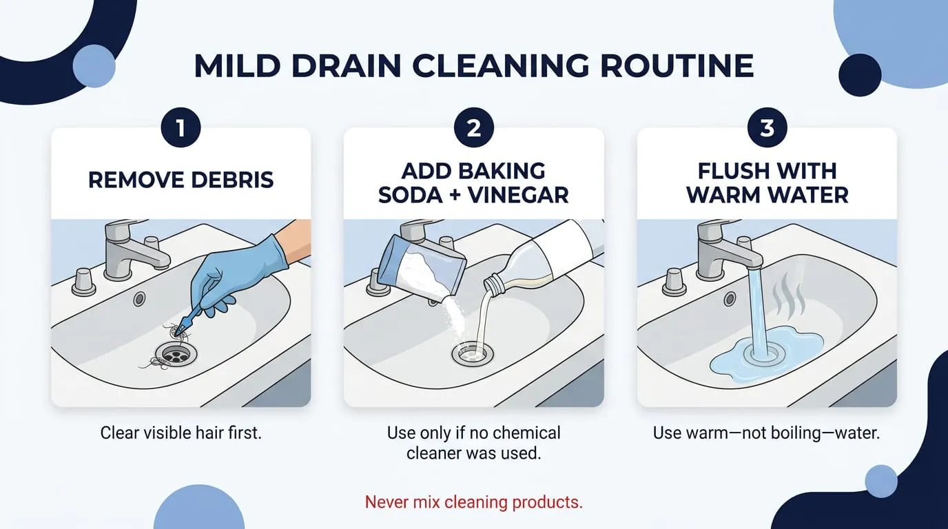 Three-step mild drain cleaning routine: remove debris, add baking soda and vinegar, then flush with warm water