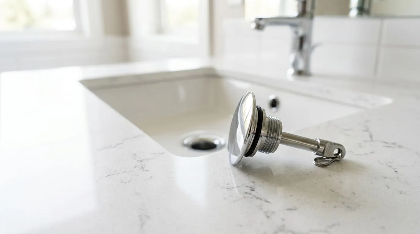 Pop-up sink stopper removed and resting on the counter