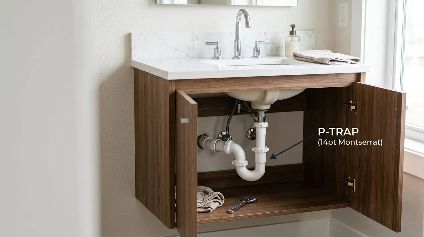 P-trap under a bathroom sink vanity