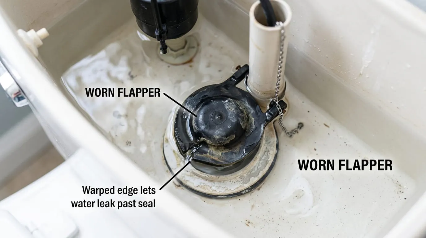 Worn toilet flapper with a warped edge that lets water leak past the seal