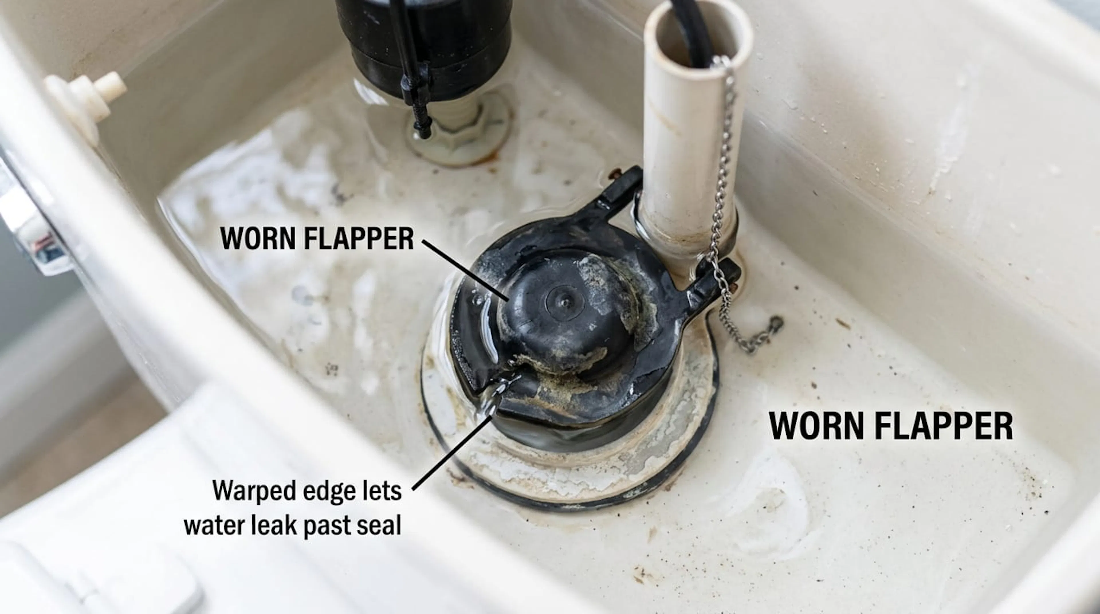 Worn toilet flapper with a warped edge that lets water leak past the seal