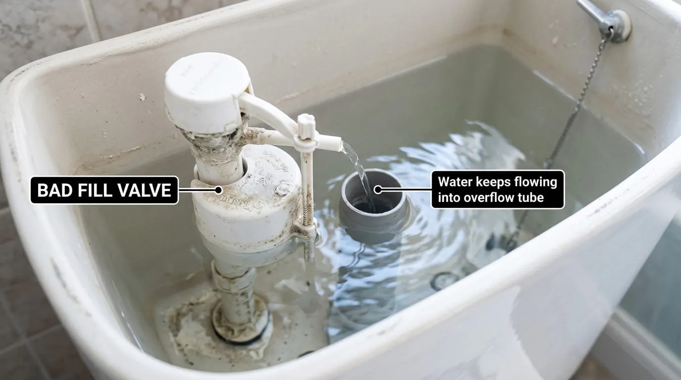 Faulty fill valve letting water flow into the overflow tube