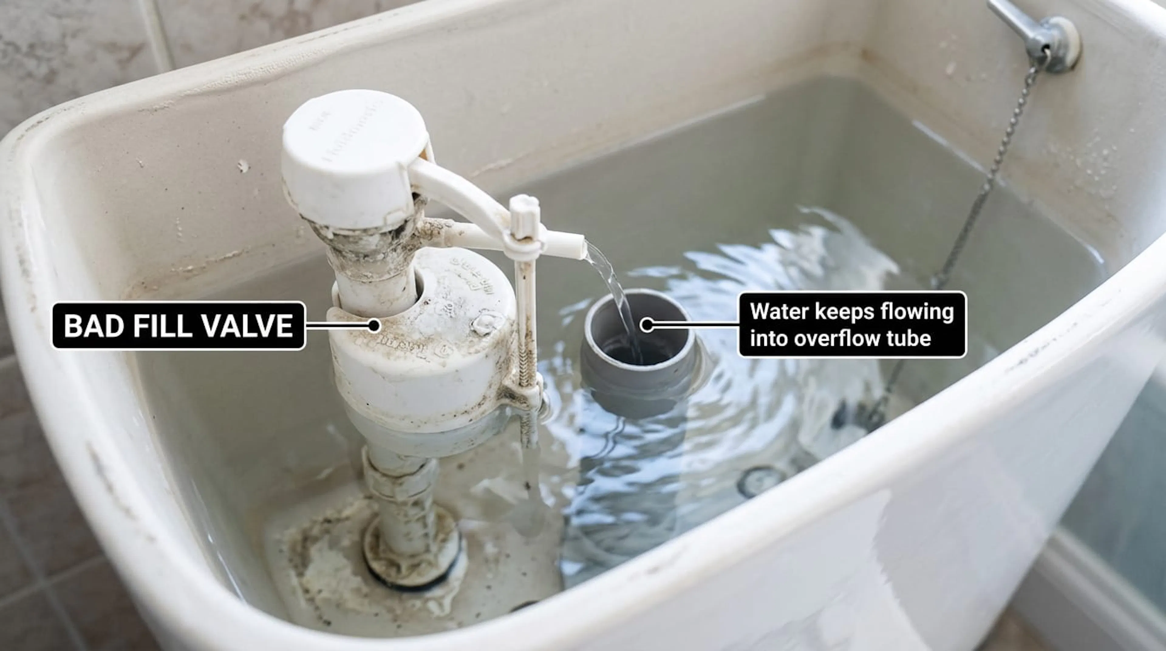 Faulty fill valve letting water flow into the overflow tube