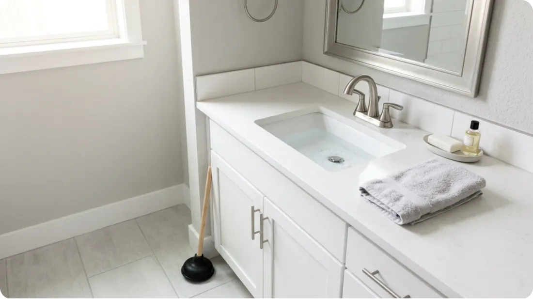 A kitchen sink with standing water that will not drain