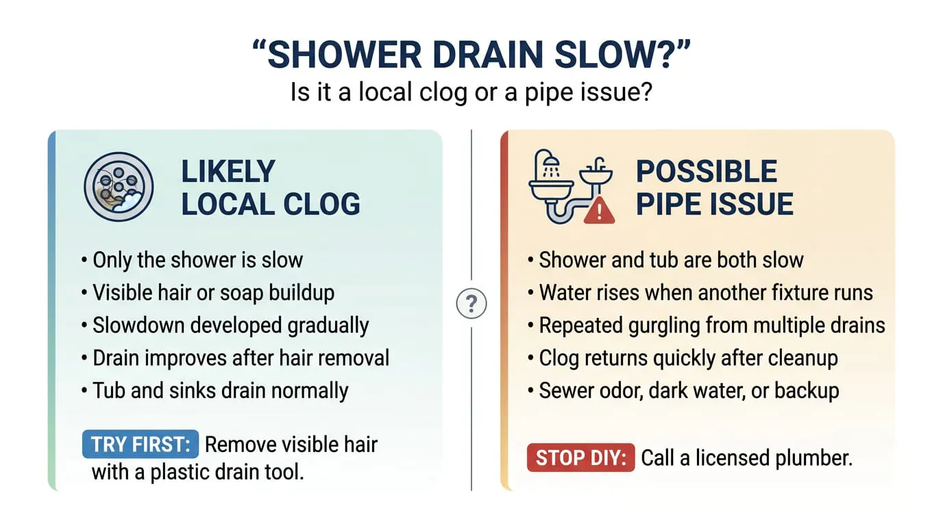 Signs of a local shower clog compared with signs of a possible pipe issue