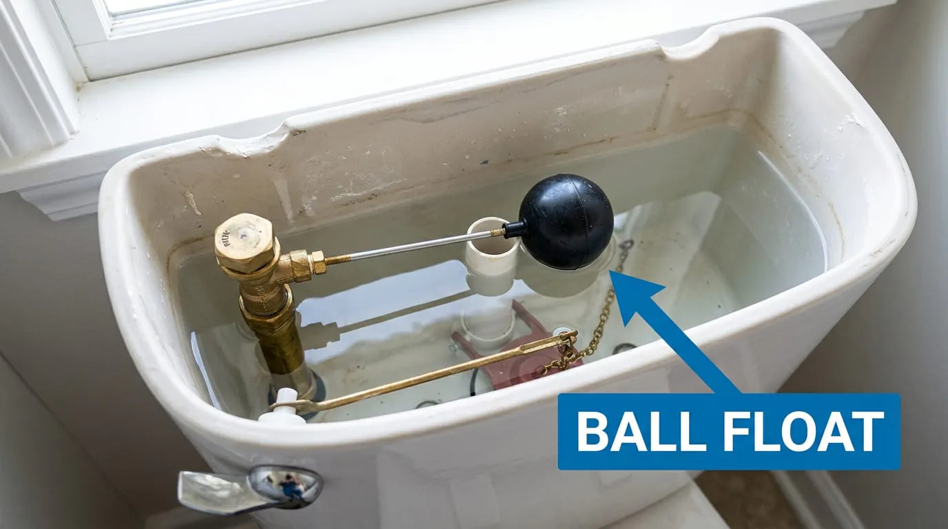 Old-style ball float inside a toilet tank