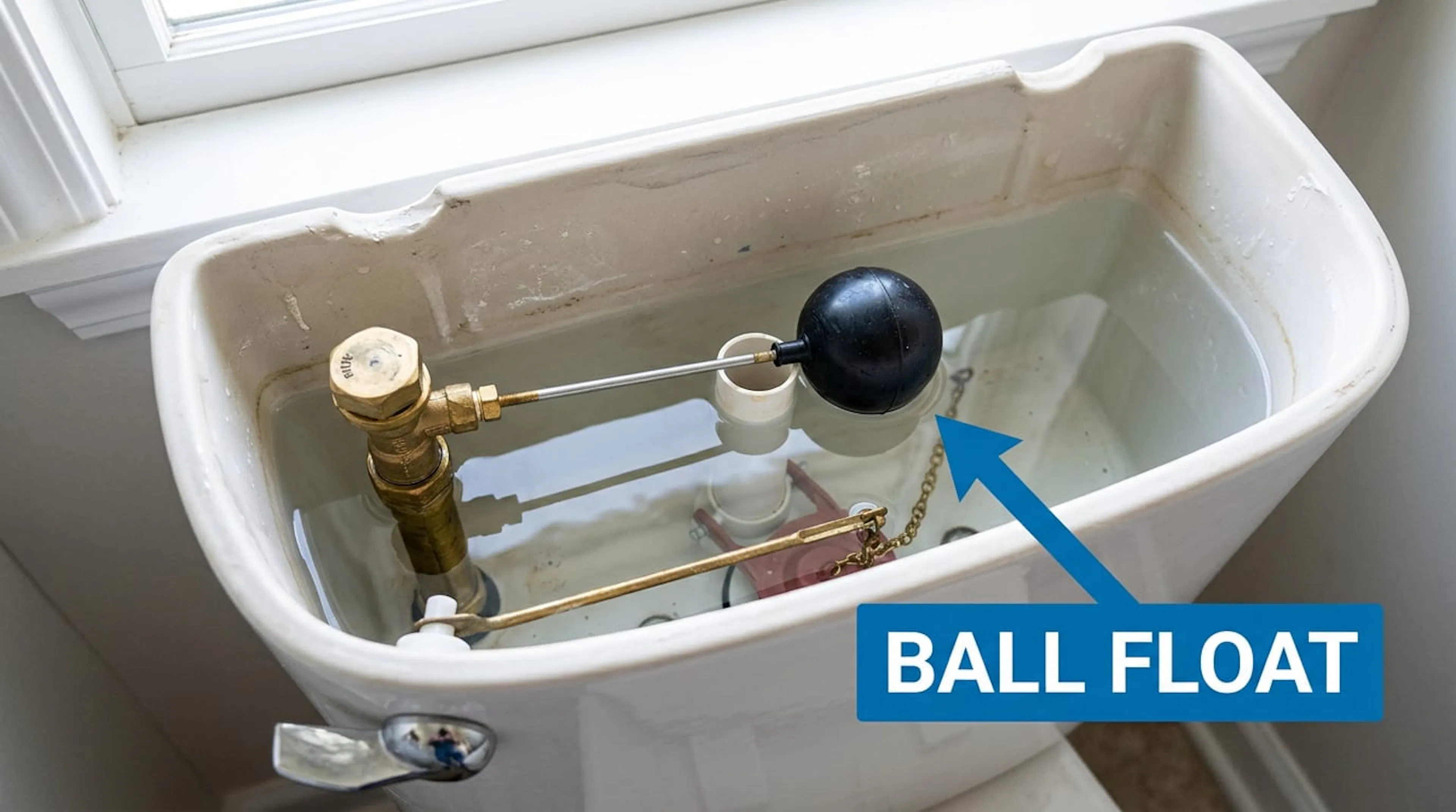 Old-style ball float inside a toilet tank