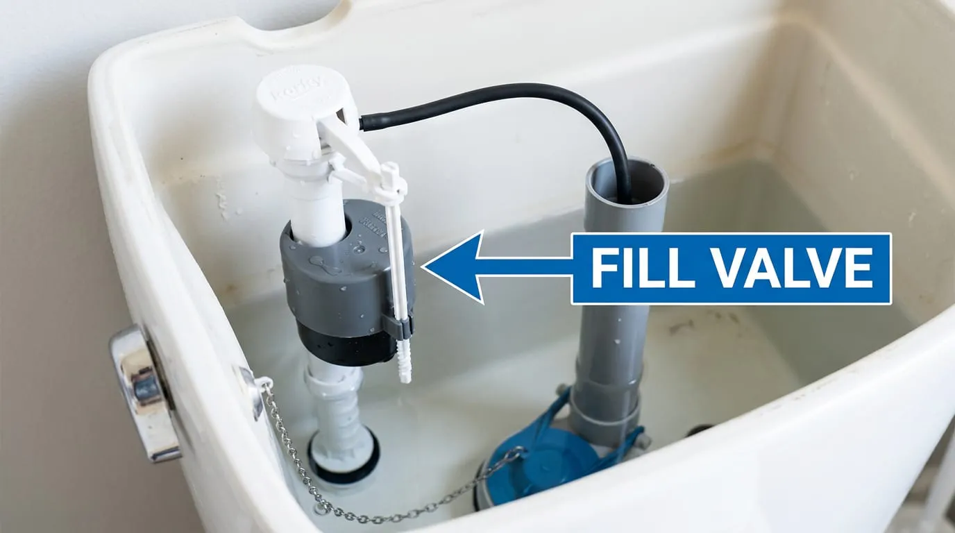 Labeled toilet fill valve inside an open tank
