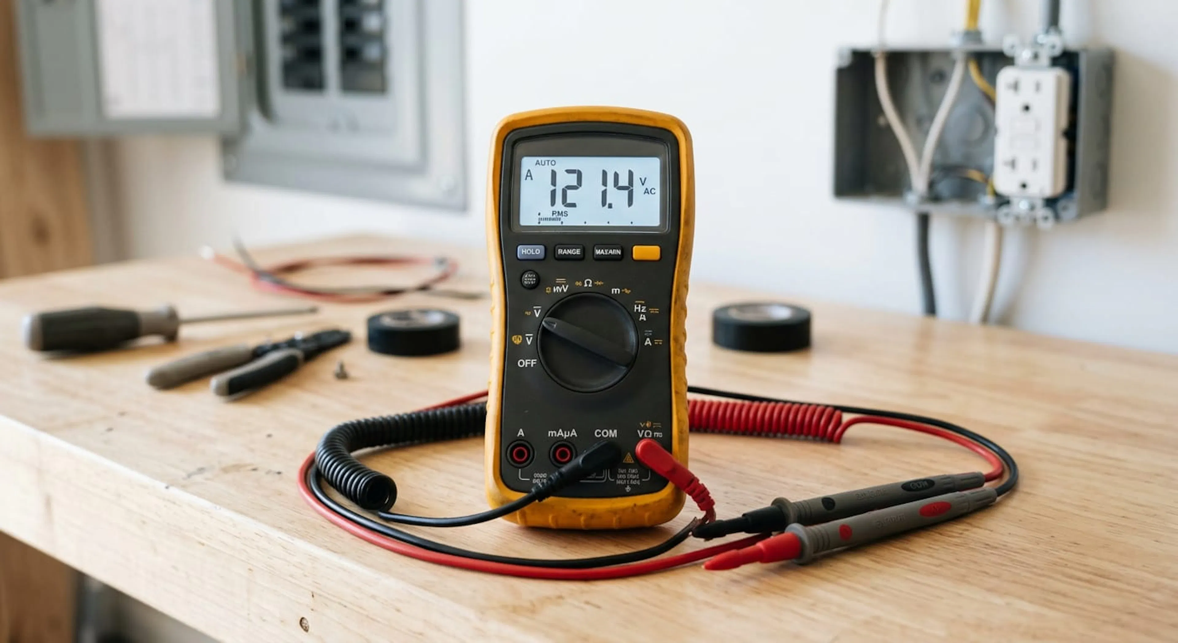 Digital multimeter with test leads on a workbench
