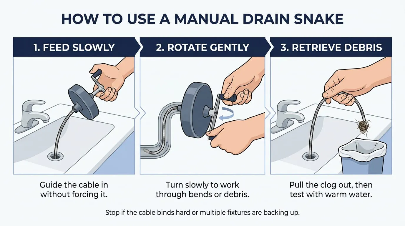 How to use a manual drain snake: feed slowly, rotate gently, then retrieve the debris