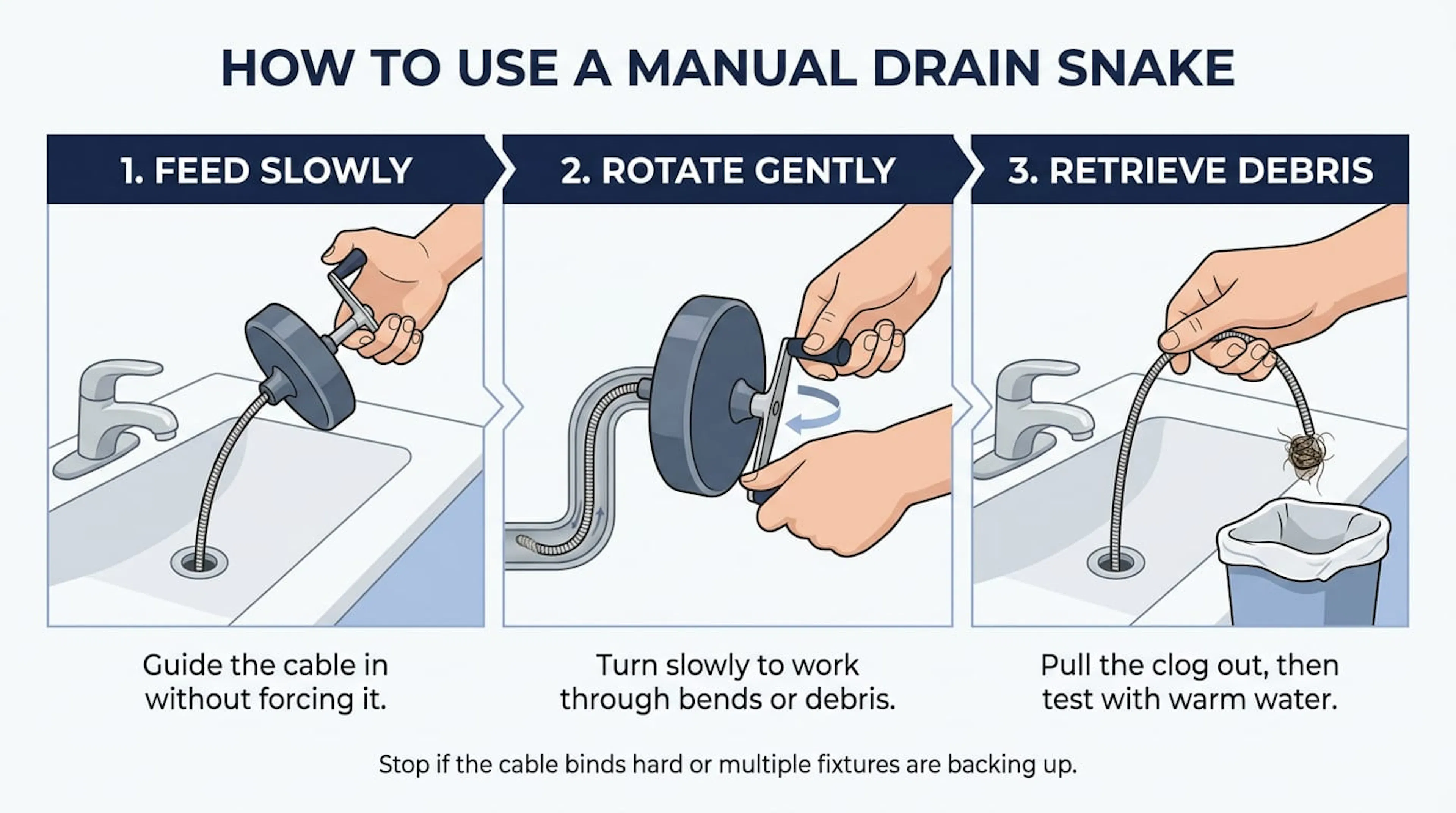 How to use a manual drain snake: feed slowly, rotate gently, then retrieve the debris
