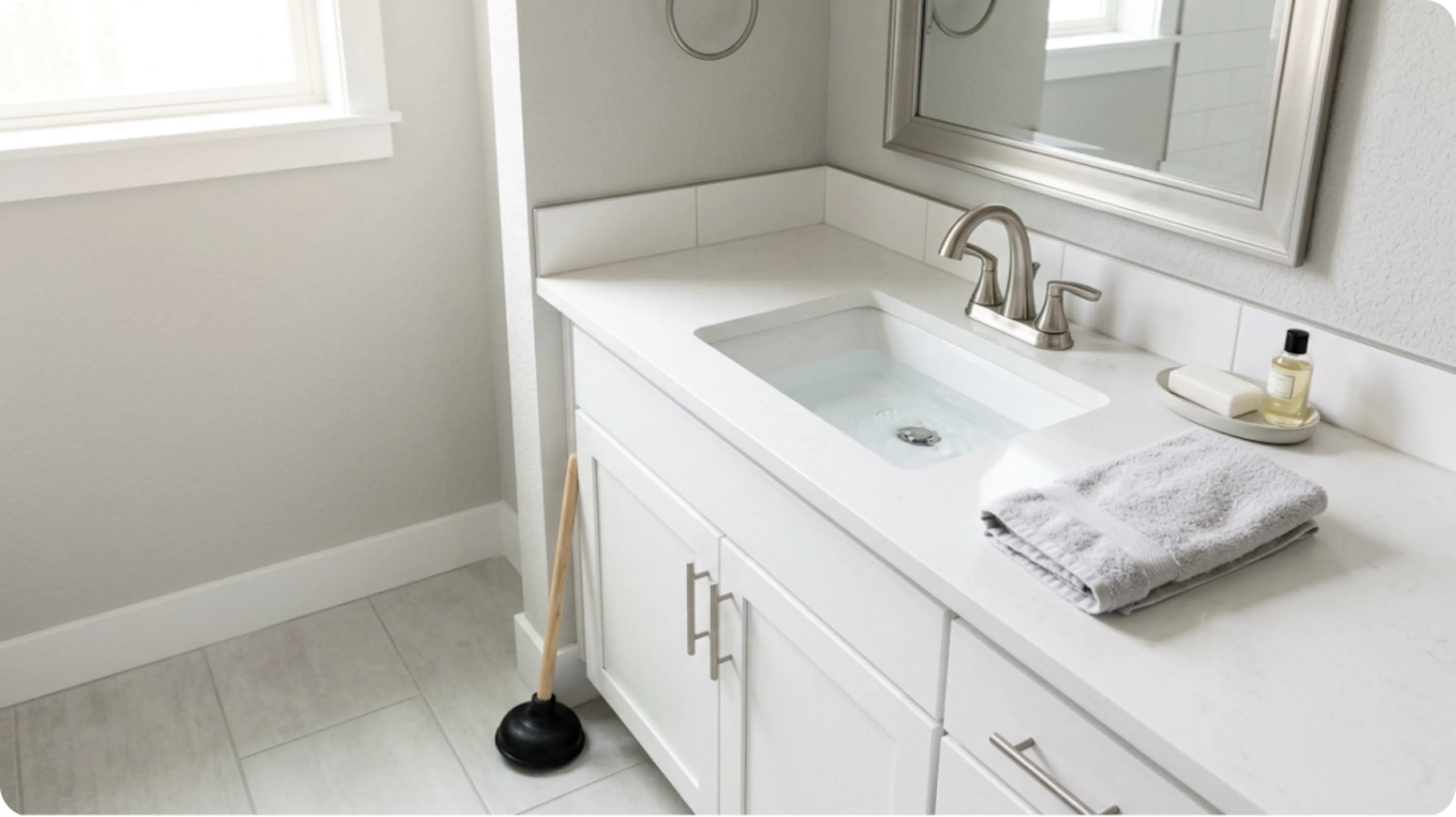 A kitchen sink with standing water that will not drain