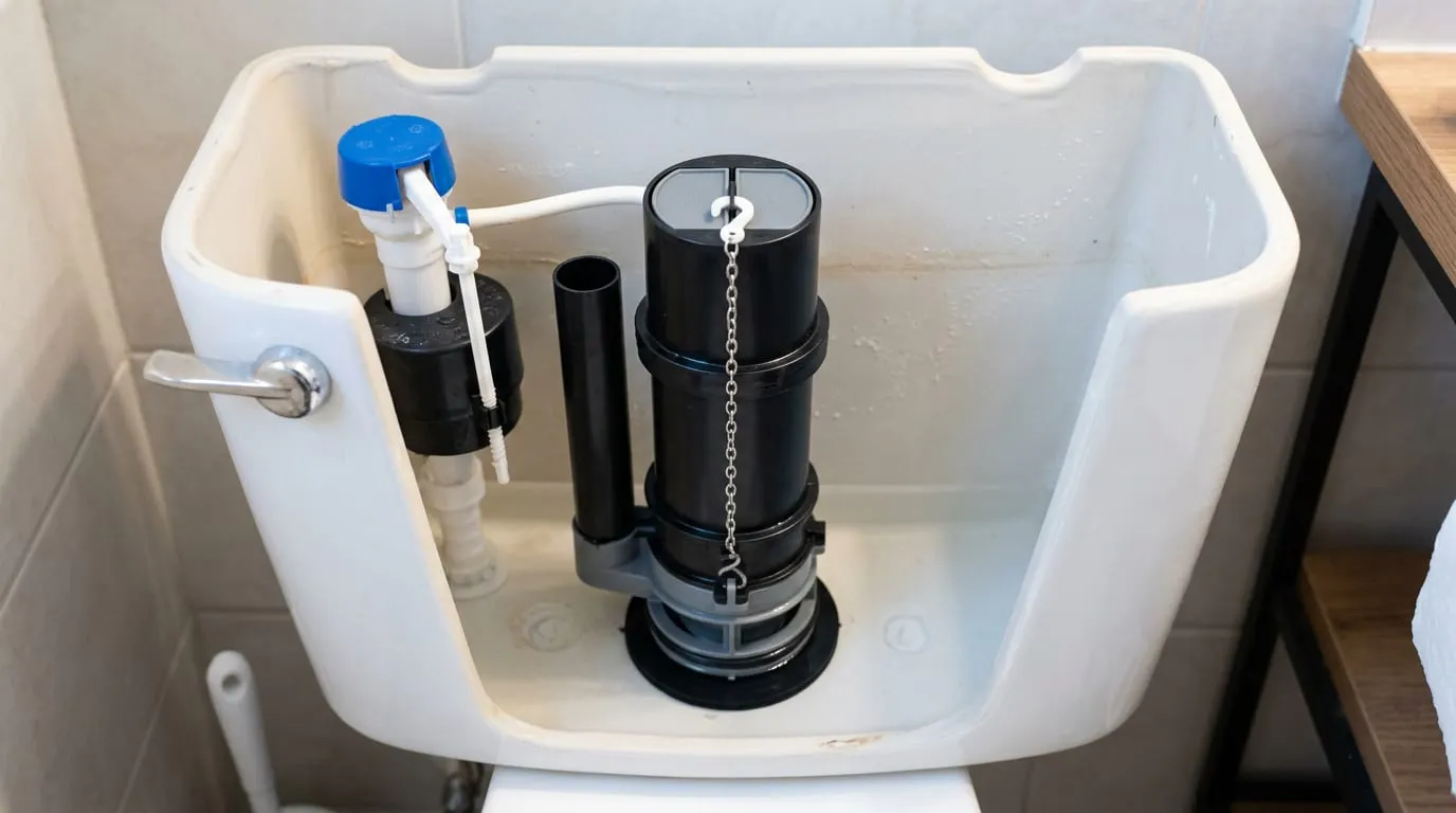 Canister-style flush valve installed inside a toilet tank