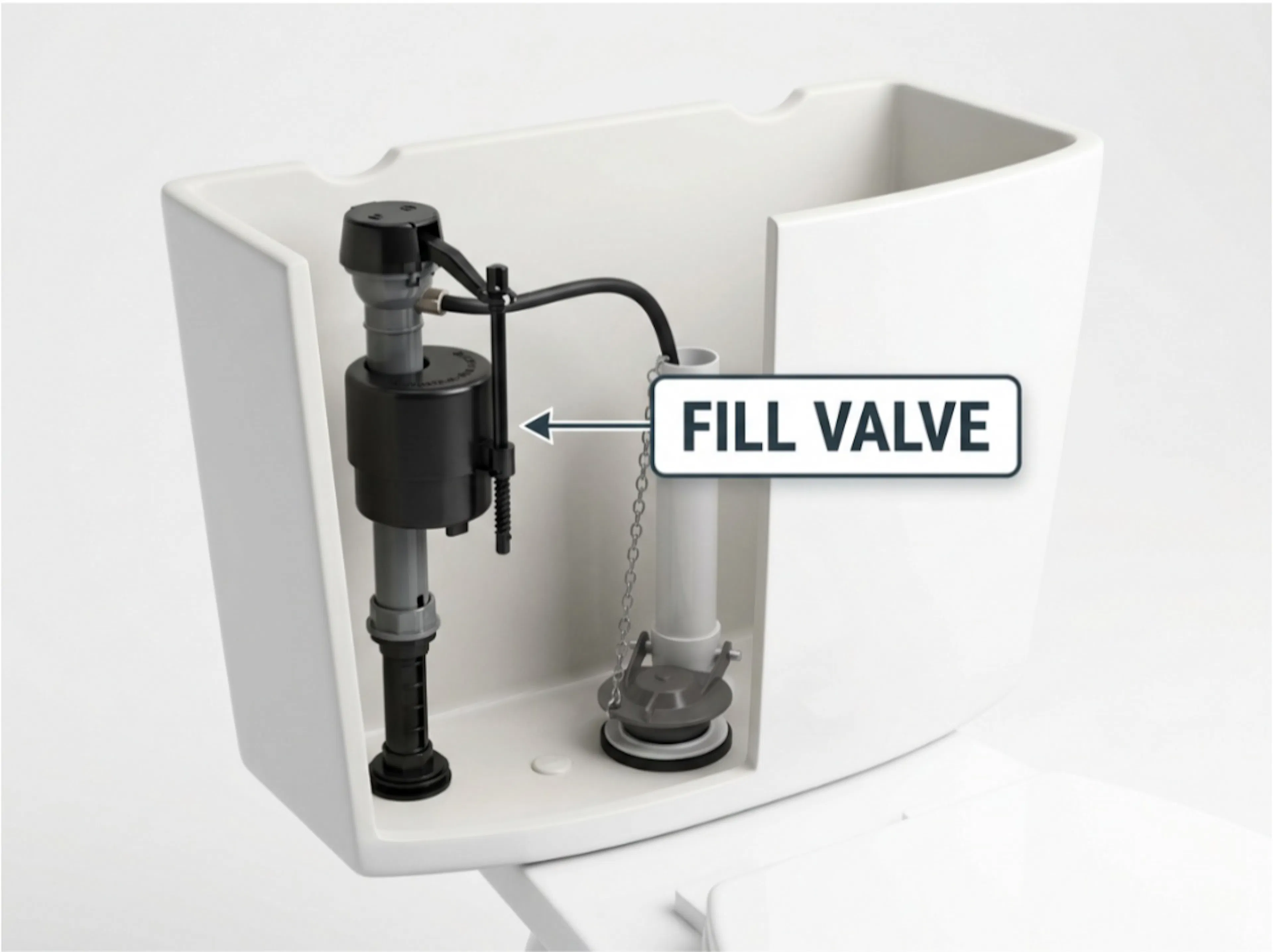 A toilet fill valve inside the tank