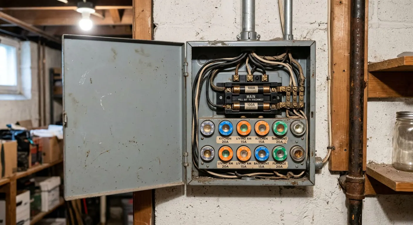 Old fuse box with screw-in fuses in a basement
