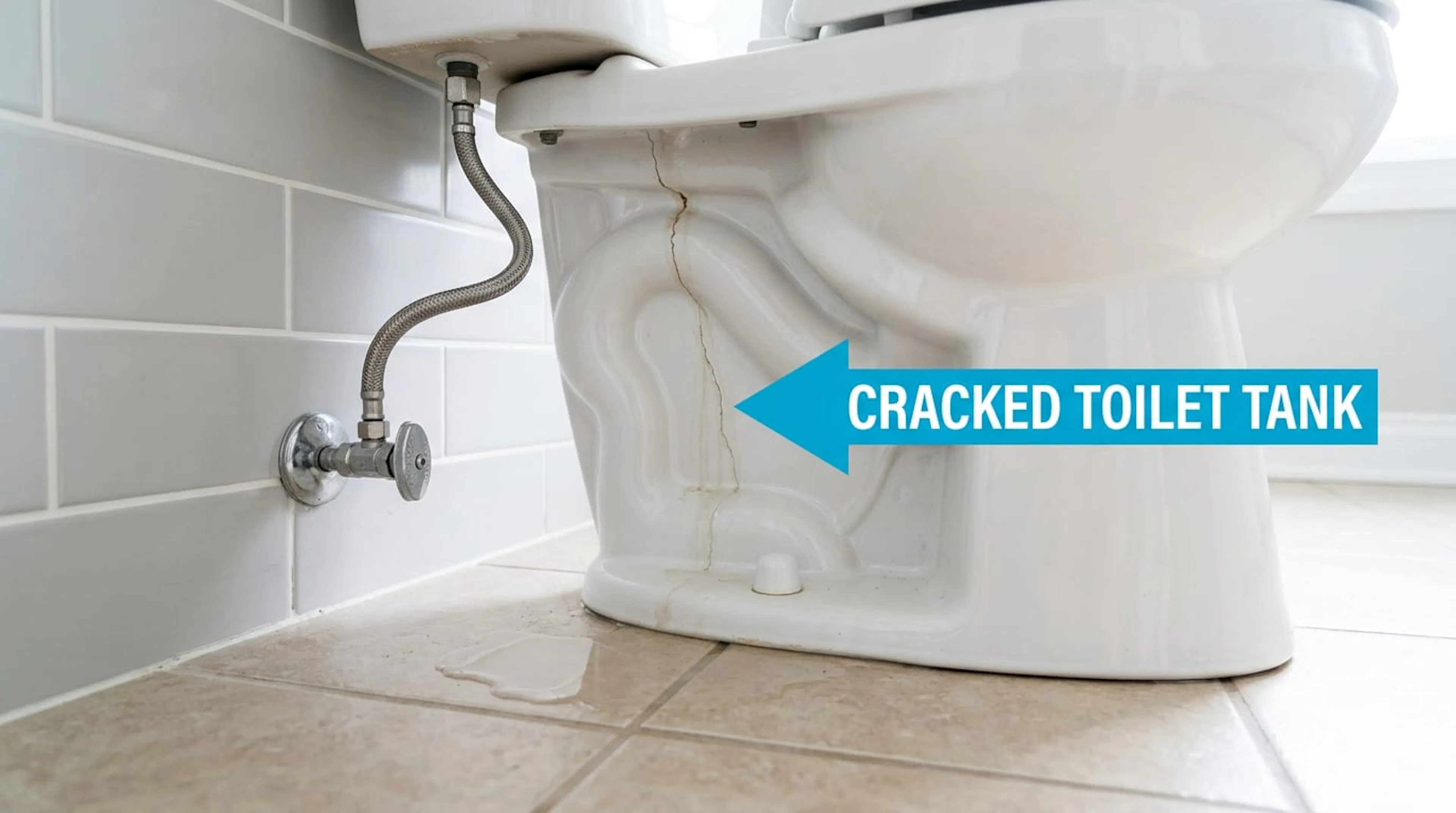 Labeled hairline crack leaking from a toilet tank