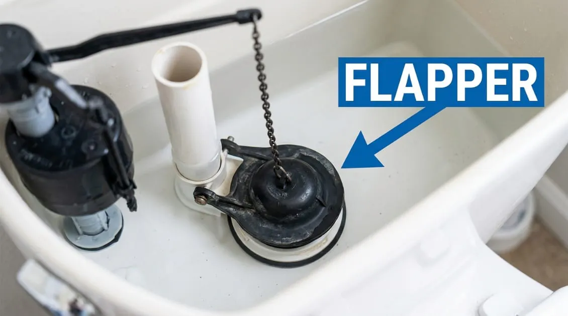 Labeled toilet flapper inside an open tank