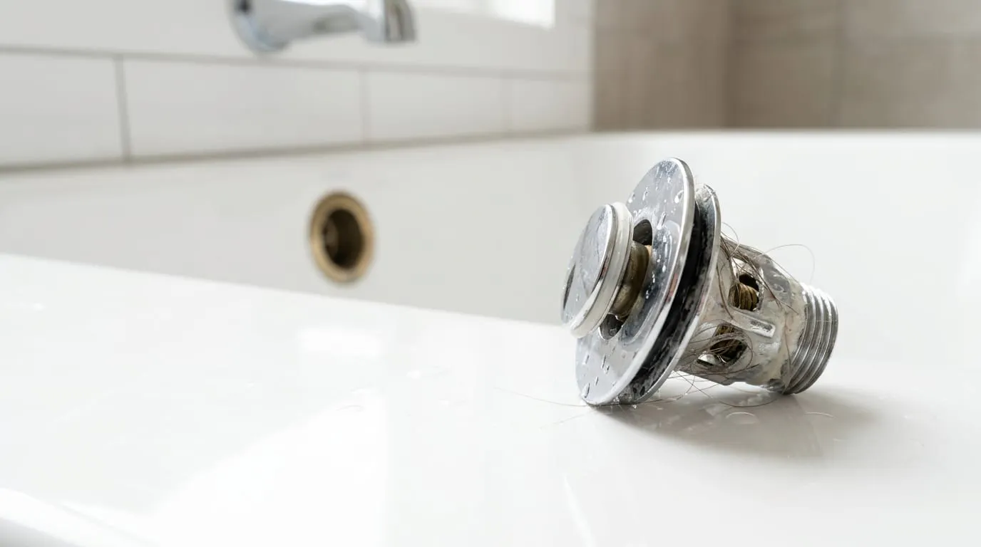 Bathtub drain stopper removed and resting on the edge of the tub