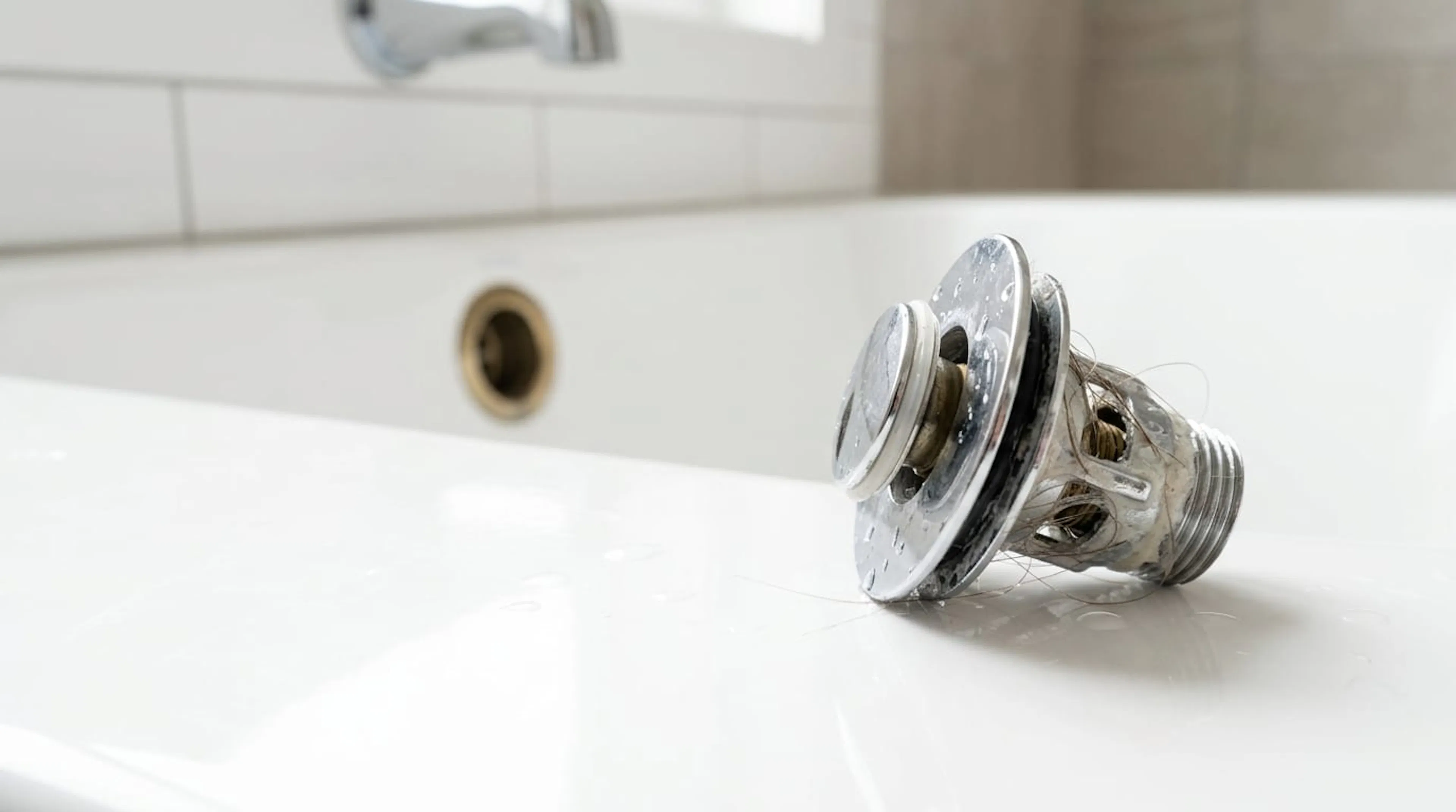 Bathtub drain stopper removed and resting on the edge of the tub