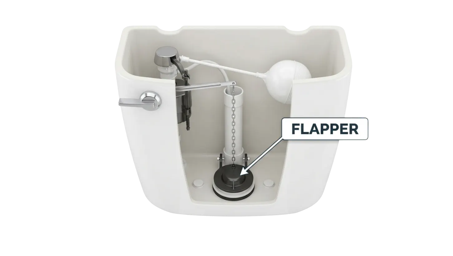 A toilet tank with the flapper labelled