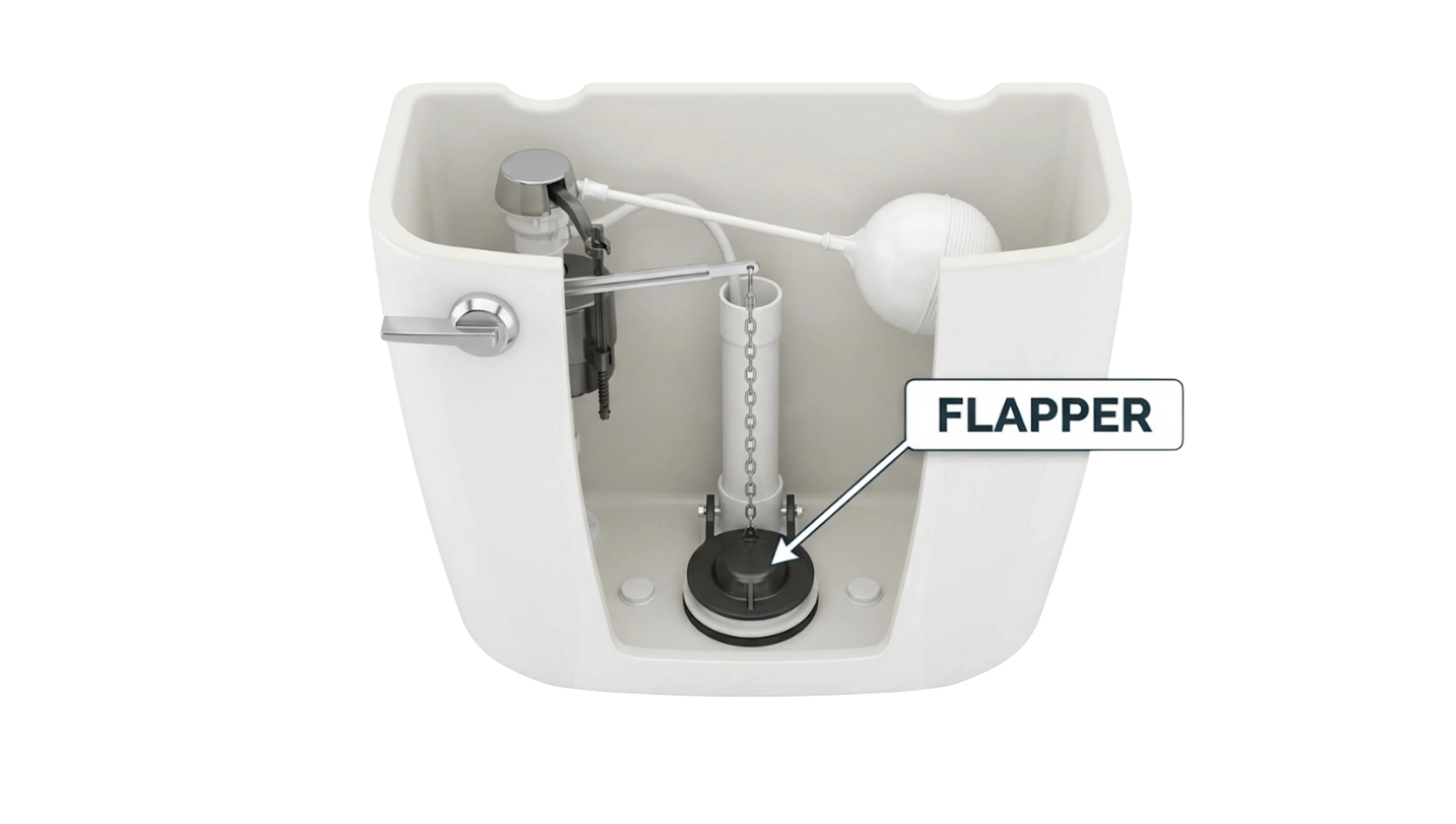 A toilet tank with the flapper labelled
