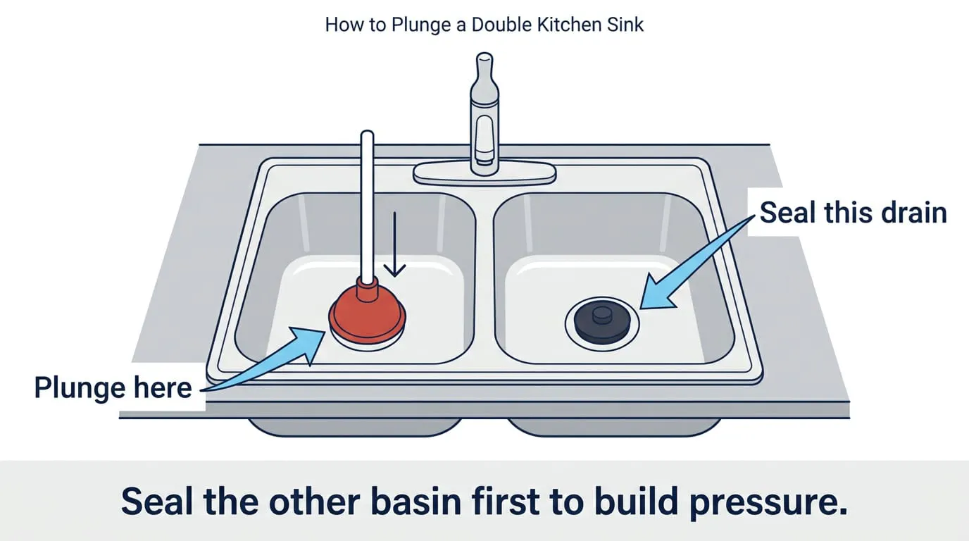 Plunging one side of a double kitchen sink with the other drain sealed