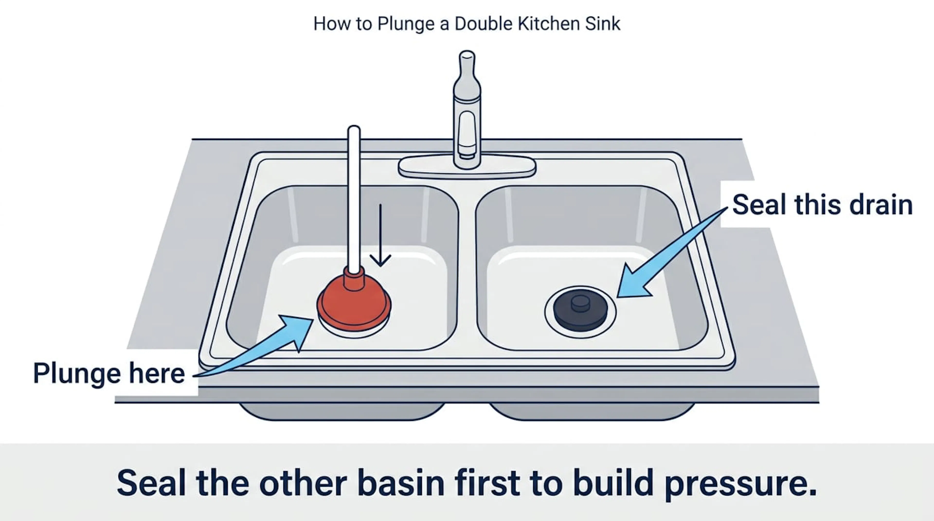Plunging one side of a double kitchen sink with the other drain sealed