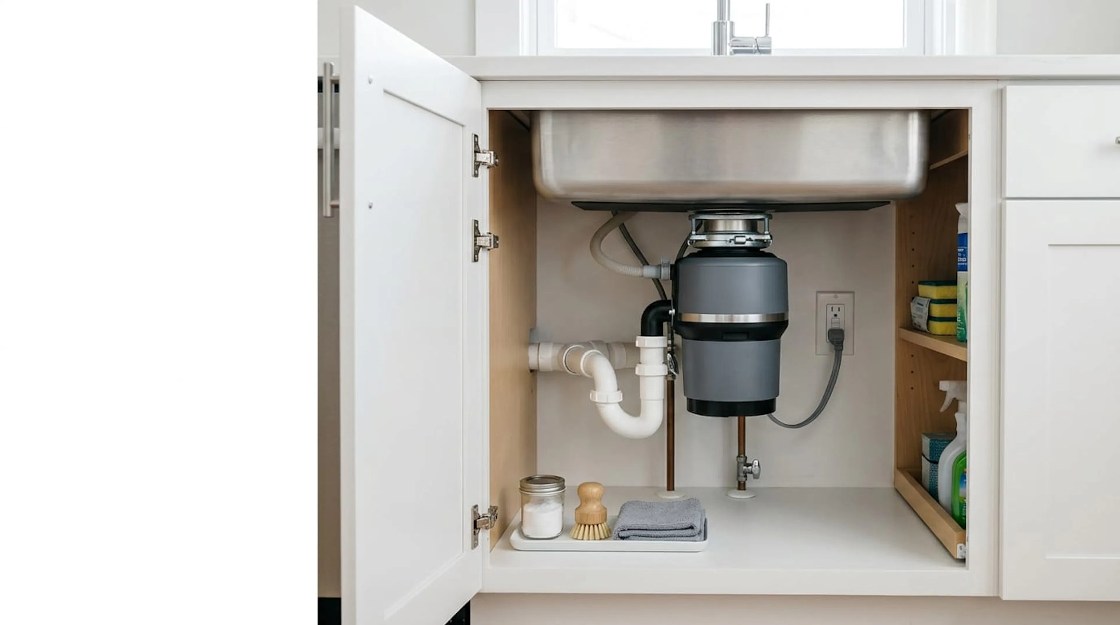 Garbage disposal and drain pipes under a kitchen sink