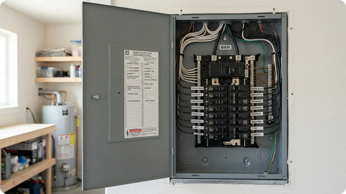 An open electrical panel with labelled breakers, mounted on a garage wall