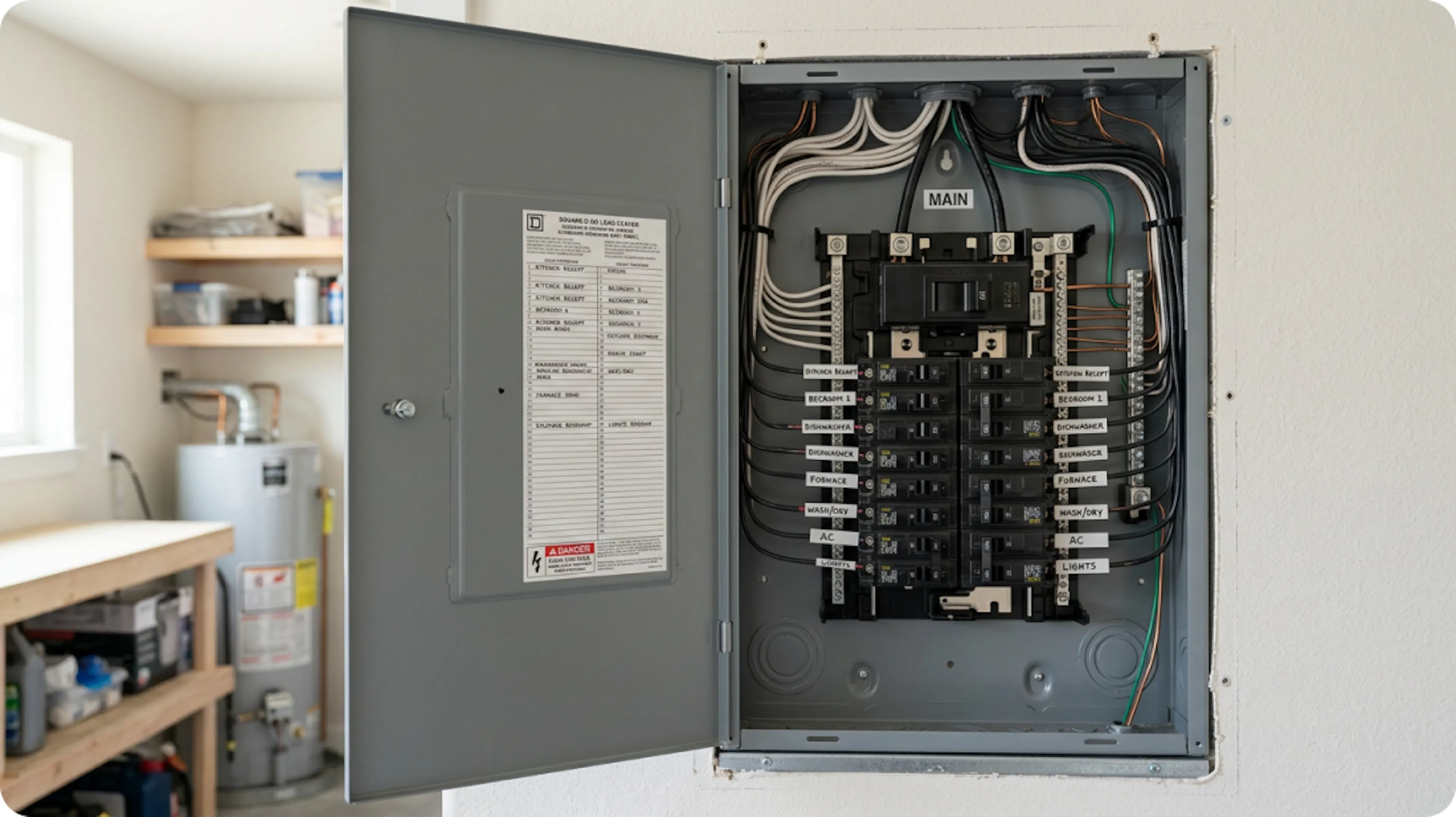 An open electrical panel with labelled breakers, mounted on a garage wall