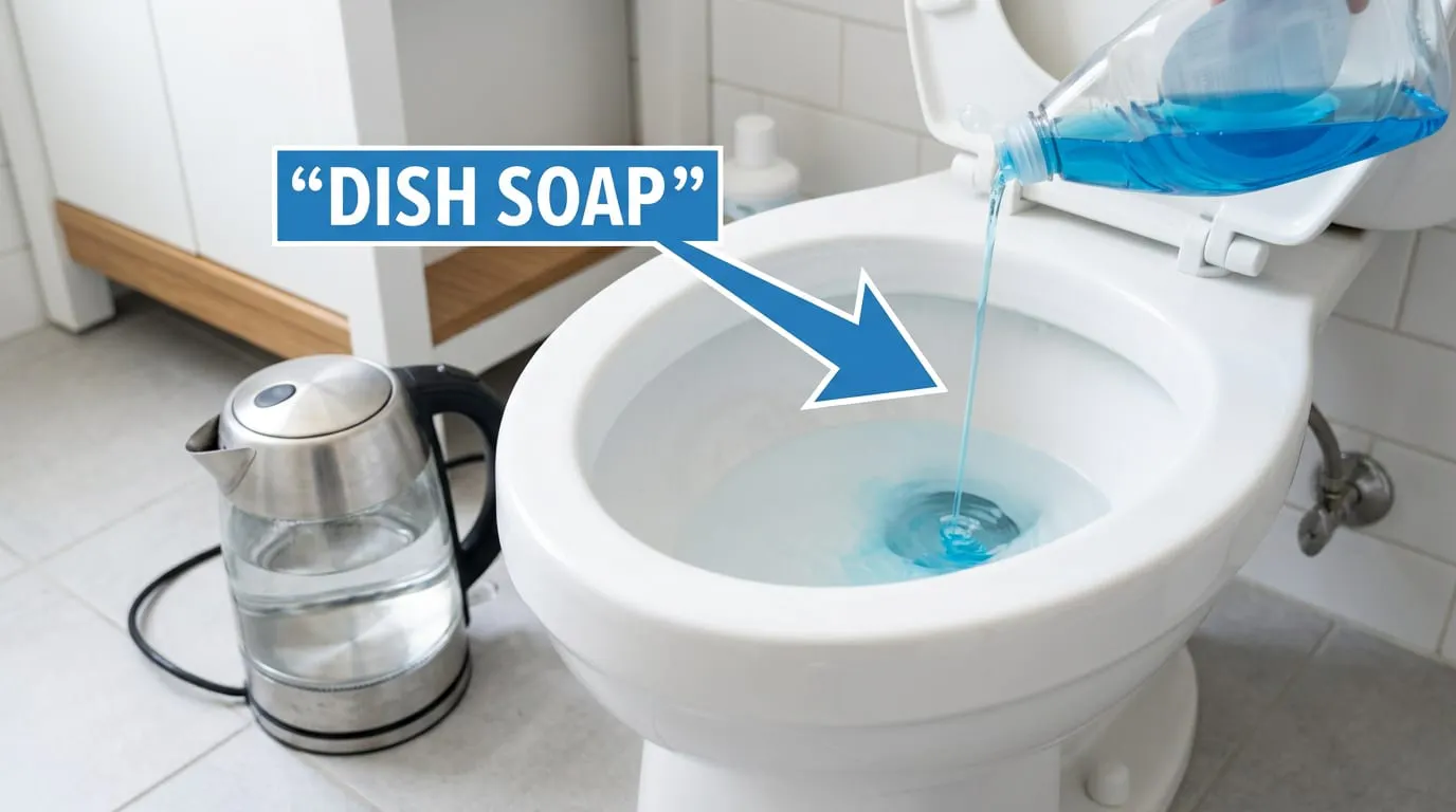 Dish soap poured into a toilet bowl to loosen a clog