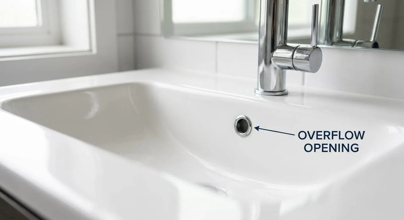 Bathroom sink with the overflow opening labeled