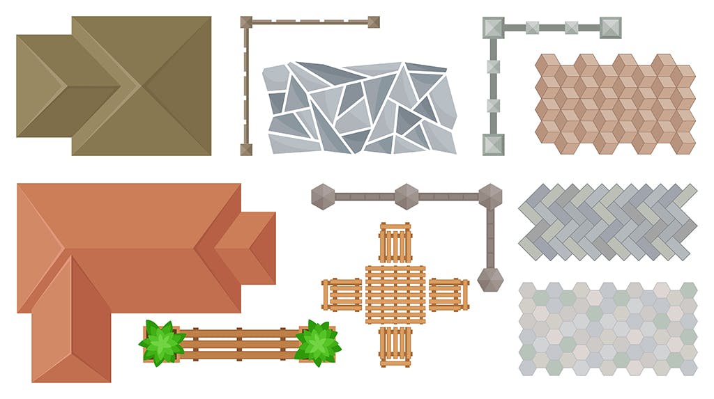 Aerial view of a home's landscape as represented by different design materials