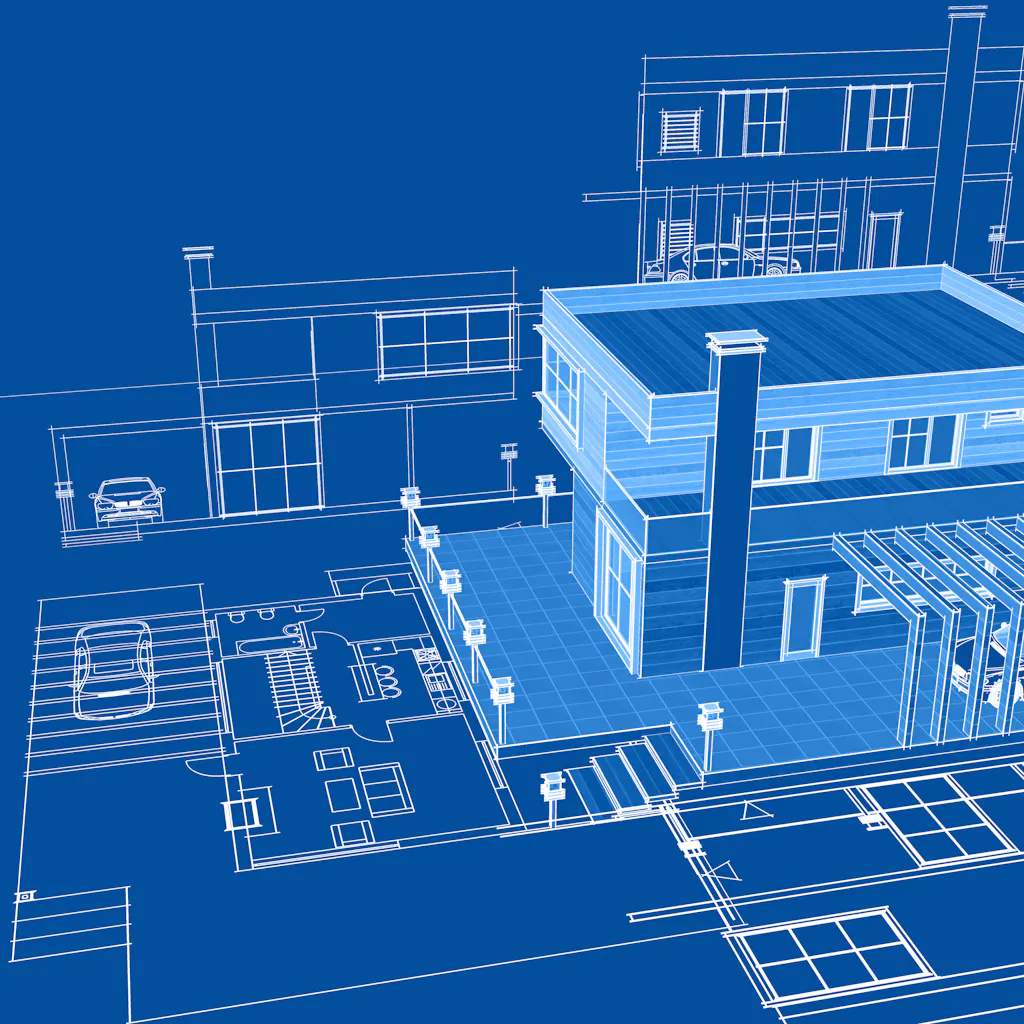 Blueprint style 3D building illustration