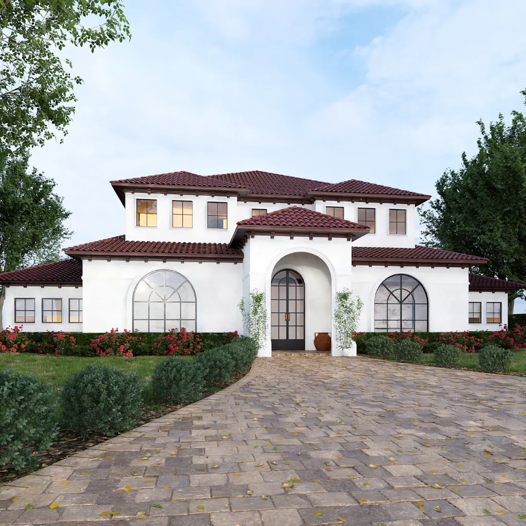 This 3D rendering of a Mediterranean home exterior highlights precisely crafted arches, contributing to a cohesive and stylistically faithful representation of traditional Mediterranean architecture.