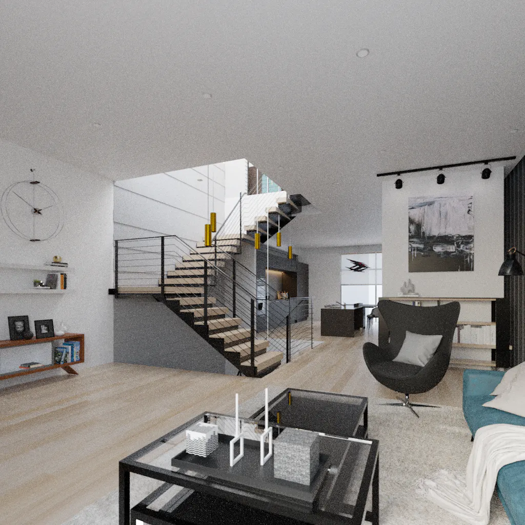 A 3D render of a contemporary living room affected by noticeable graininess, which detracts from the clarity and overall visual quality.