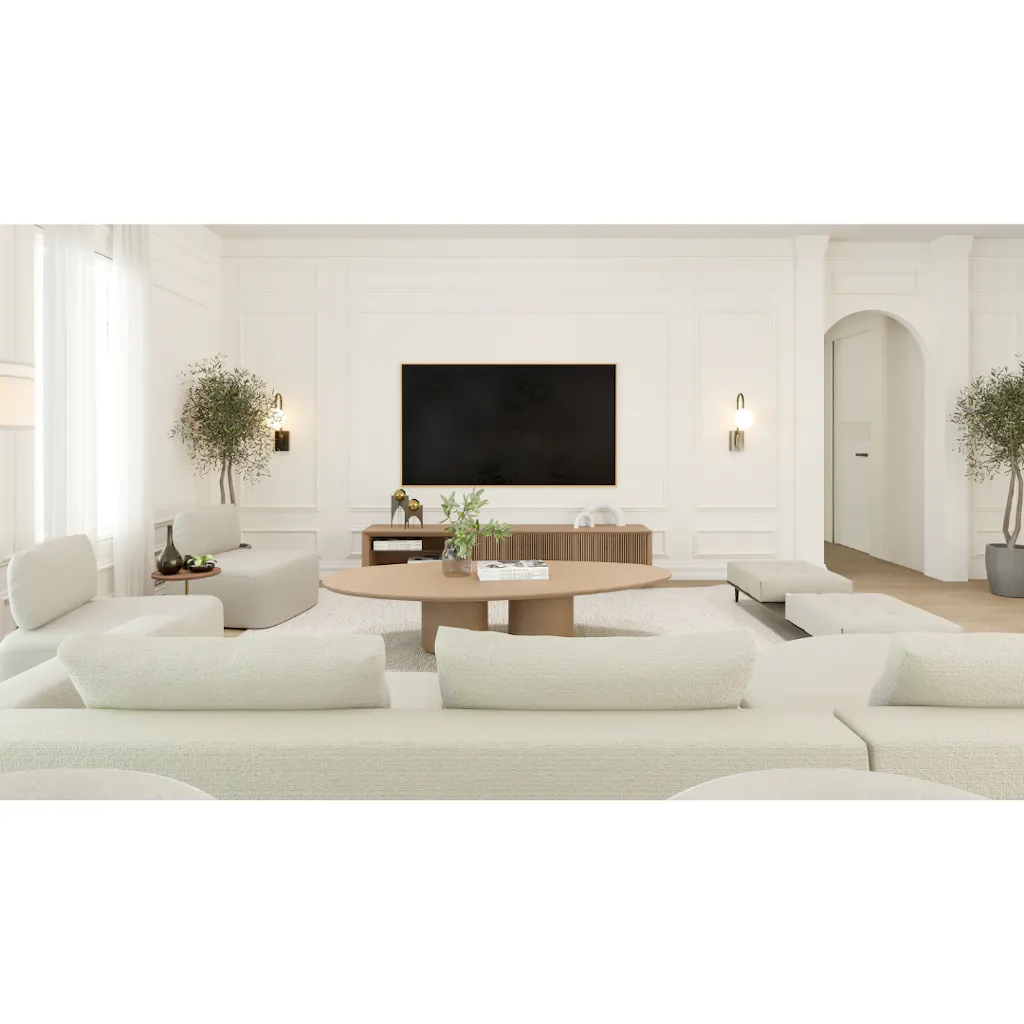 3D render of a Scandinavian living room highlighting signature elements such as a clean, uncluttered aesthetic and a striking archway. While the core features are present, additional styling or detail could enhance the overall warmth and lived-in feel typical of Scandinavian design.