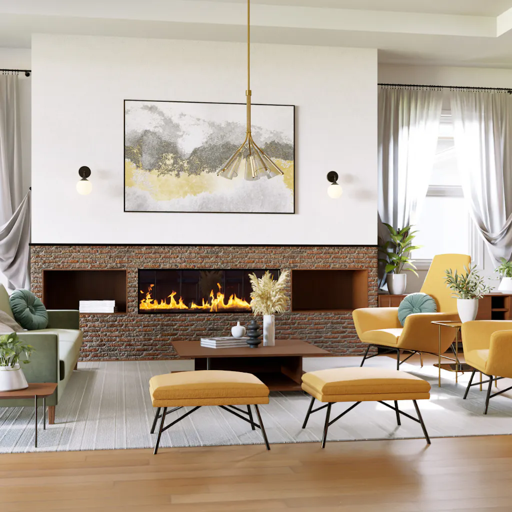 3D render of a Mid-Century Modern living room, where all furniture pieces are meticulously placed flat on the floor, emphasizing the clean lines and functional elegance characteristic of the style.