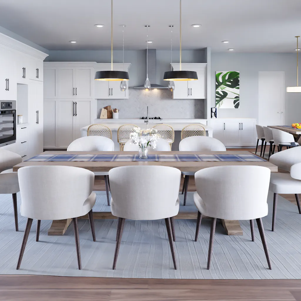 Interior render of a contemporary kitchen and dining