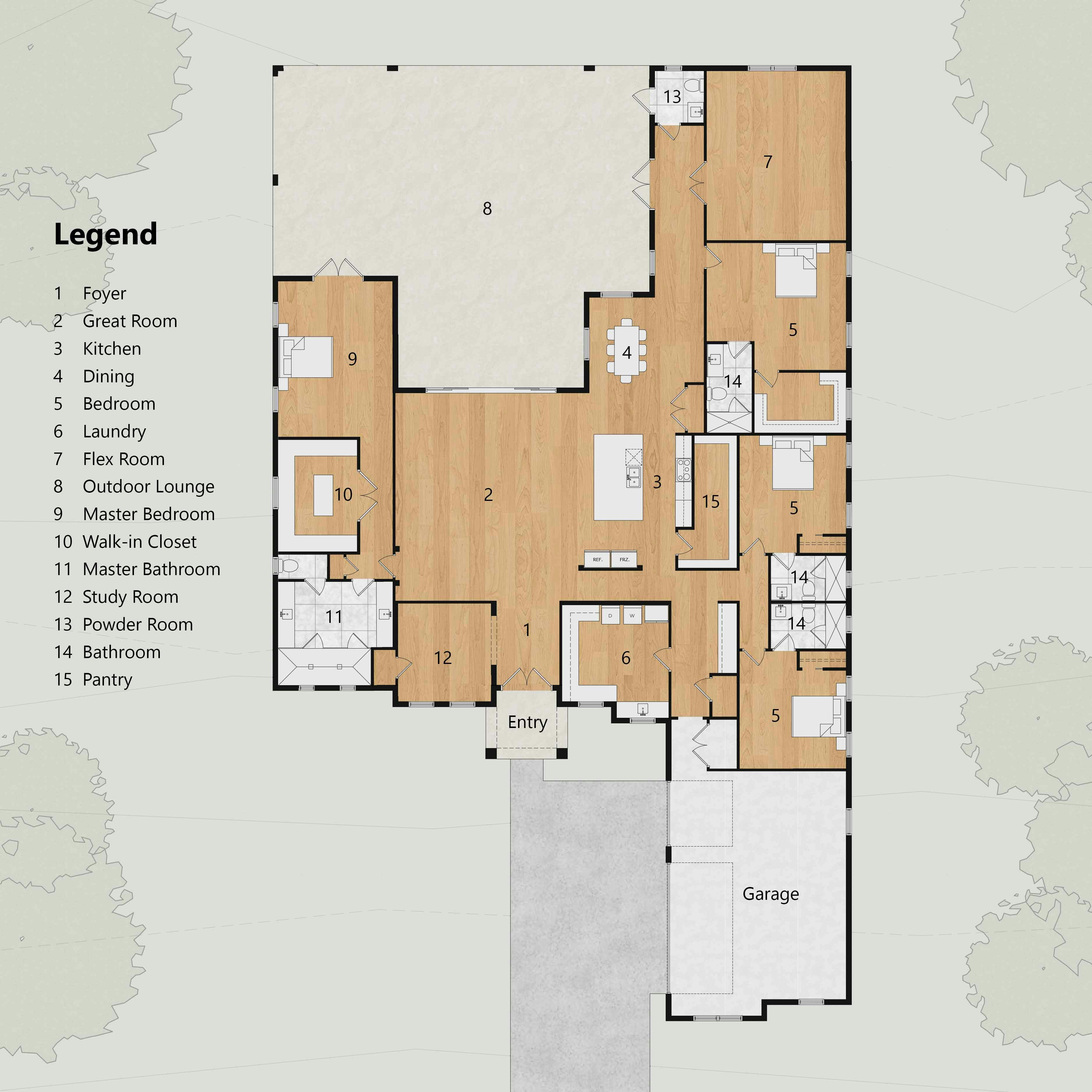 Colored floor plan of a 4-bedroom house