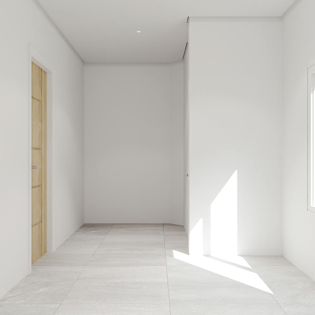 An empty master bathroom