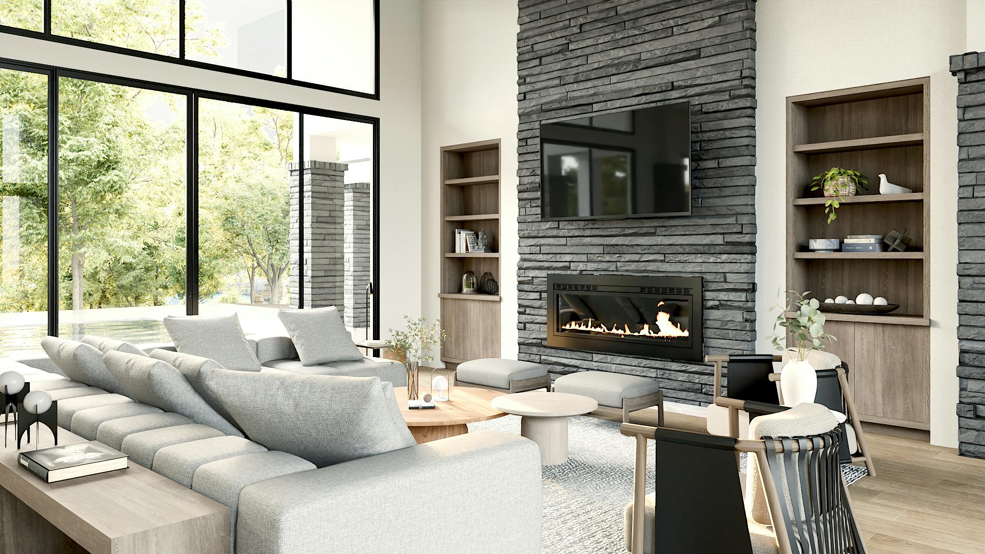 A 3D rendering of a modern farmhouse living room