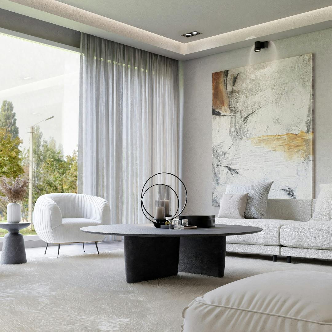 A picture of a white, bright, airy, contemporary living room 