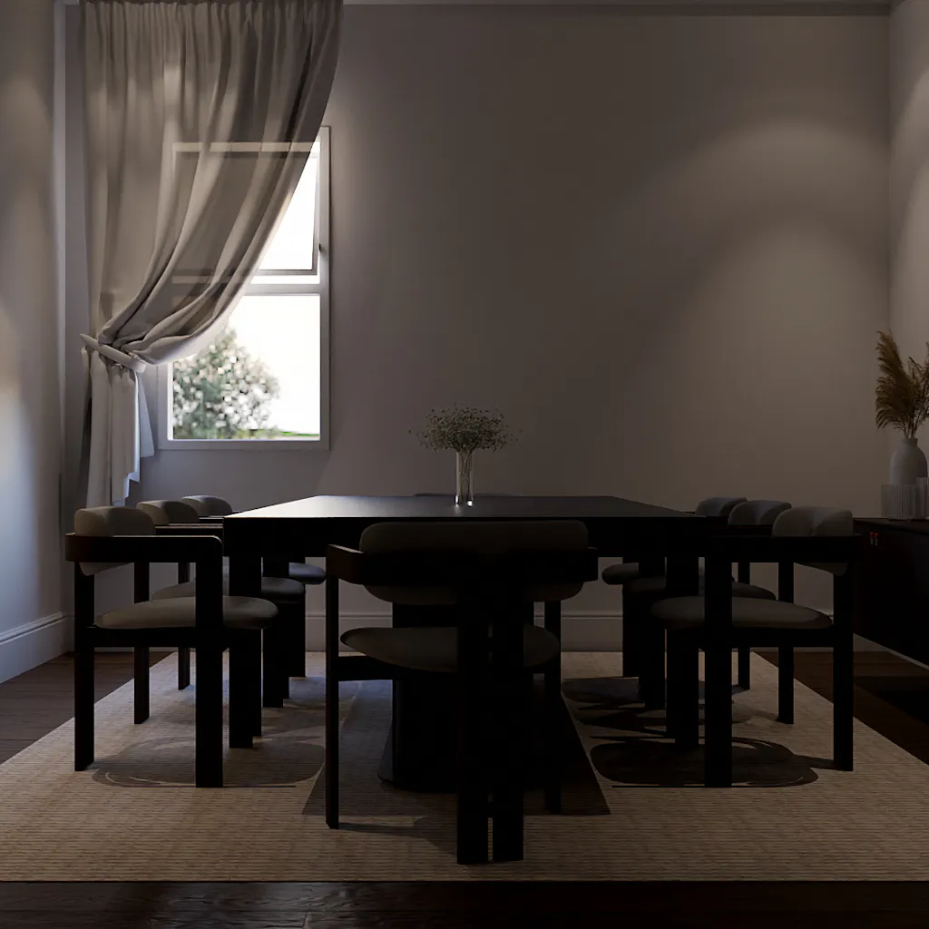 3D render of a dining room with insufficient lighting.