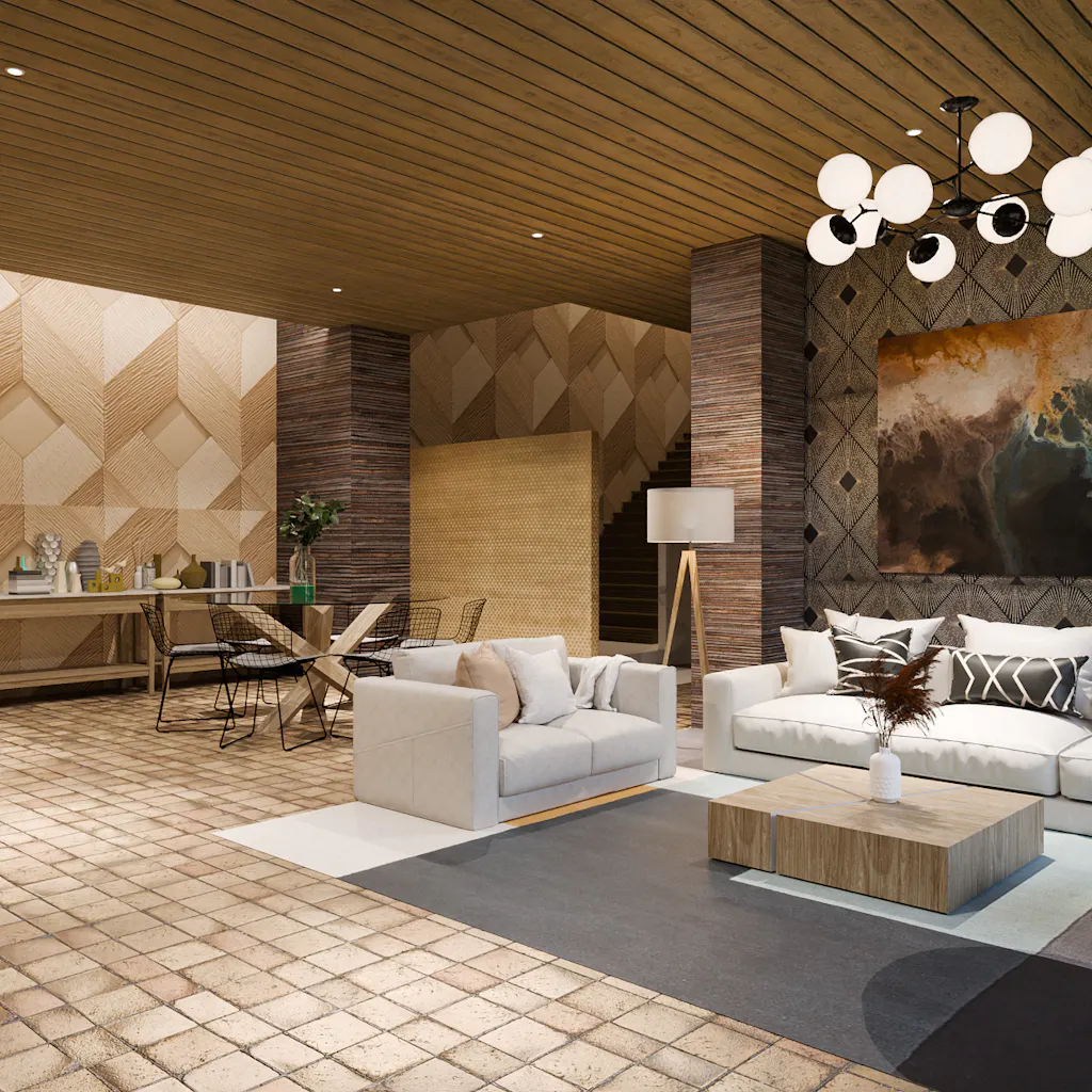 This 3D render presents multiple accent walls within a single frame, resulting in visual competition that diminishes the intended focal points and overall cohesion.